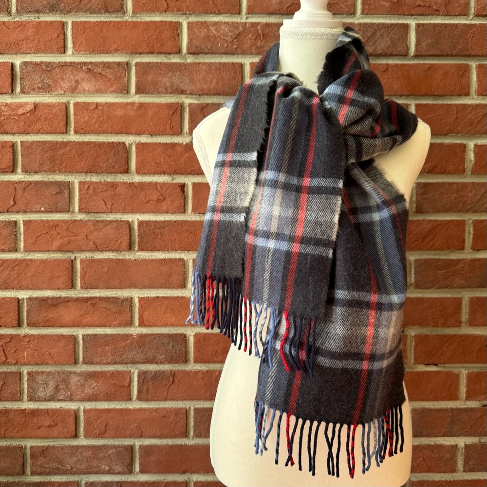 •John Hanley Ireland Plaid Fringed 100% Extra Fine Merino Wool Scarf 11”x68”NWOT